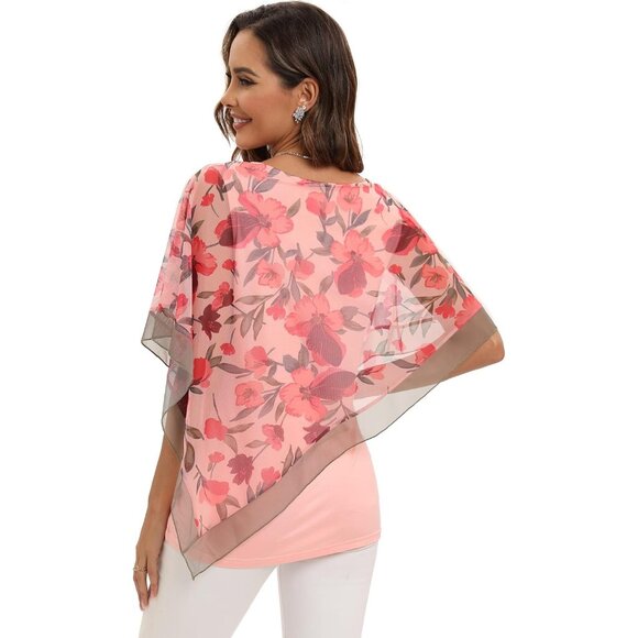 SeSe Code Women's Elegant Mesh Blouses Flowy Poncho Tops Dressy Casual Shirts - Picture 2 of 5